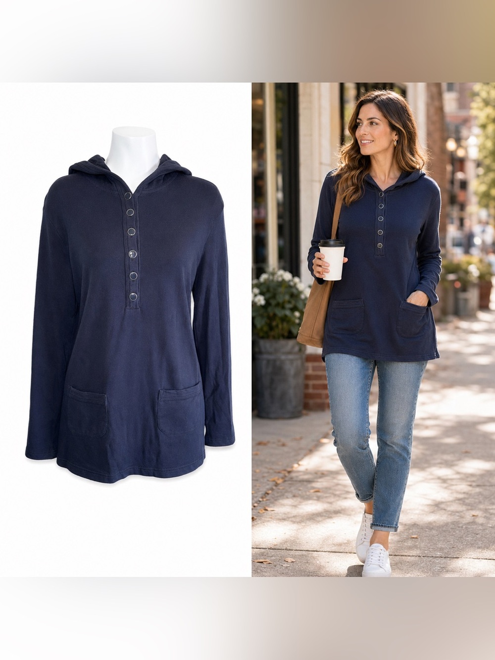 Talbots Petite Navy Snap Button Hoodie Tunic Top Pockets Size Large - Picture 2 of 12